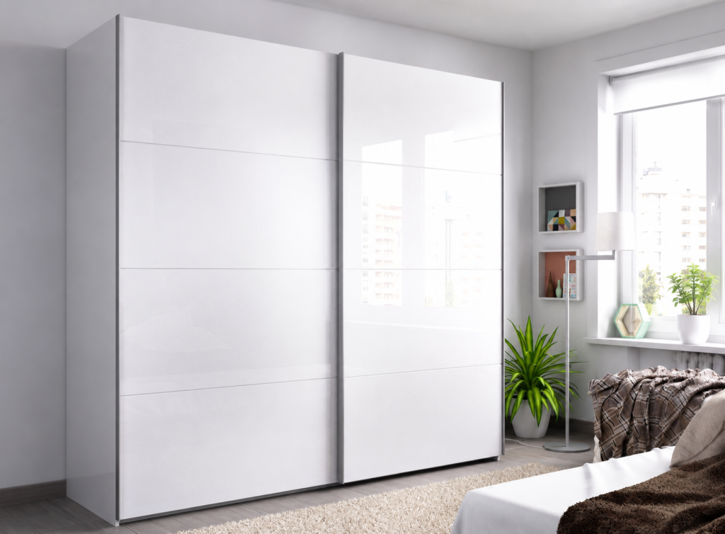 Bright Minimalist Bedroom with Glossy Wardrobe
