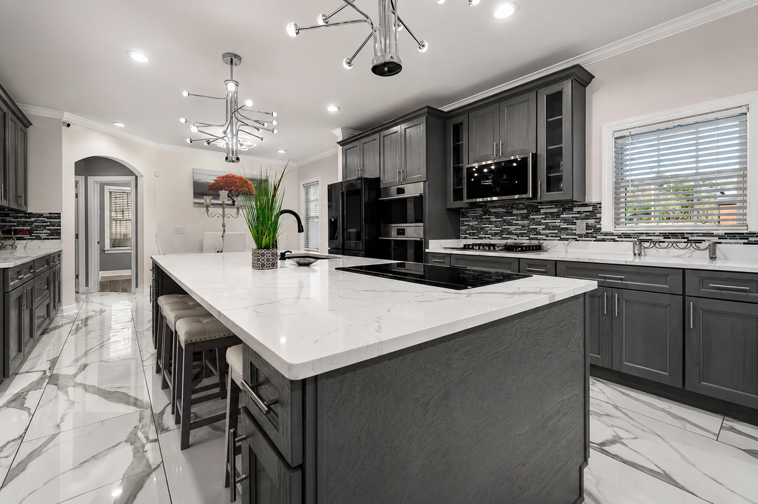 Modern Gray-and-White Kitchen with Marble Island