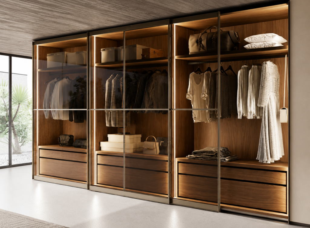 Luxurious Walnut Glass Walk-In Closet