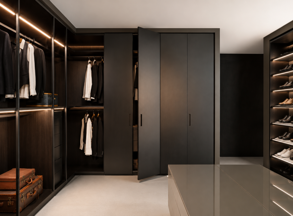 Luxury Dark Walk-In Closet with Warm Lighting
