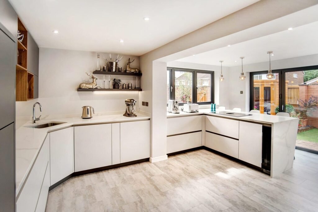 Mixed materials such as wood, glass, and marble