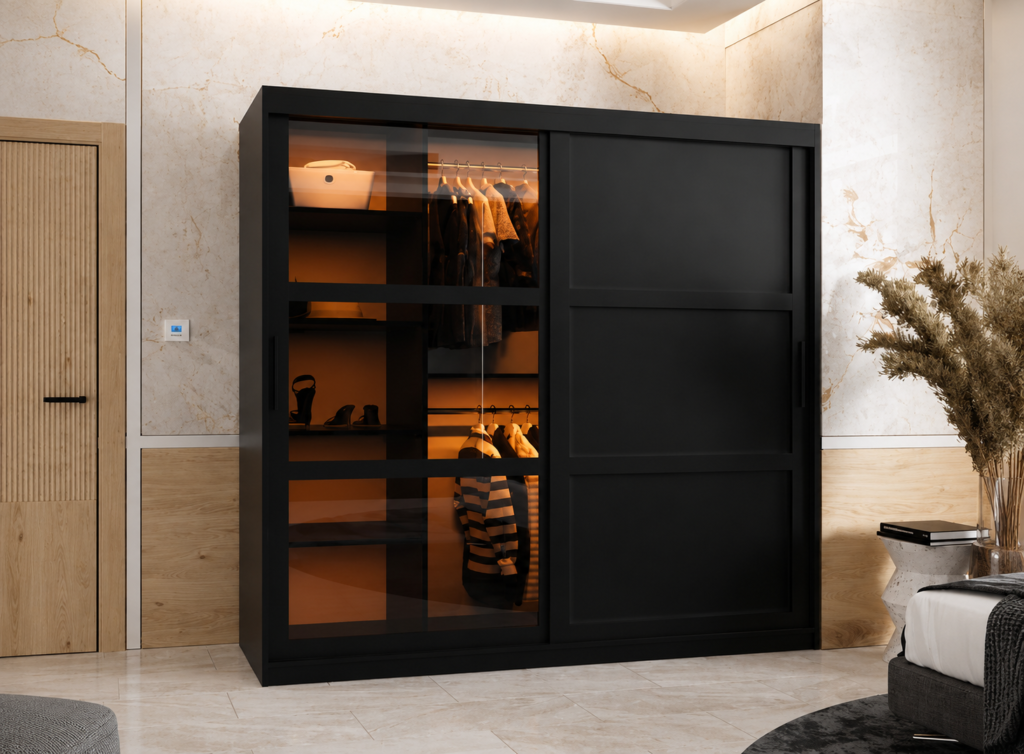 Modern Bedroom with Warm-Lit Black Wardrobe