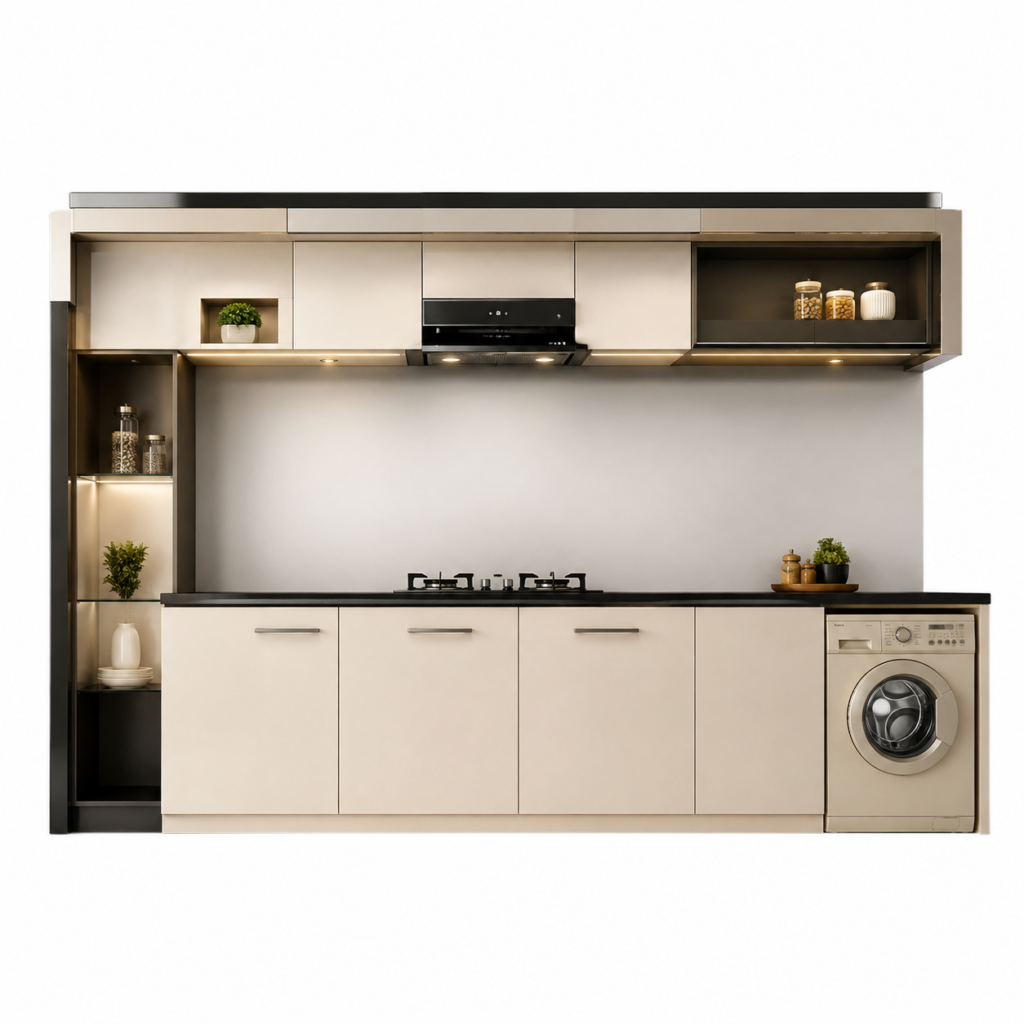 Modern Beige Modular Kitchen with Warm Lighting