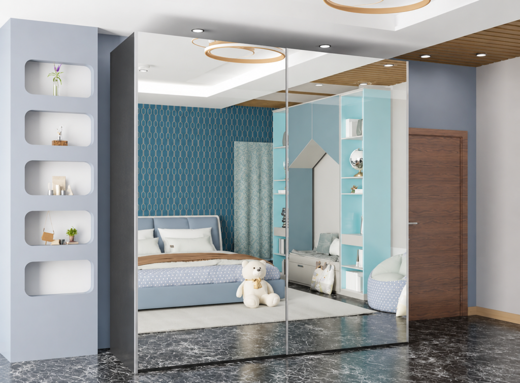 Modern Blue Bedroom with Mirrored Wardrobe