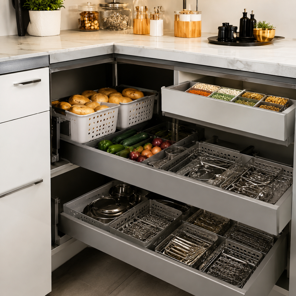 Modern Kitchen Pull-Out Pantry Organization