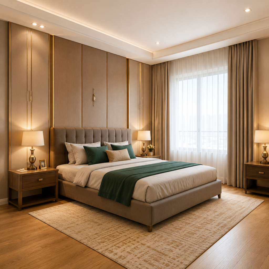 Modern Taupe Bedroom with Emerald Accents