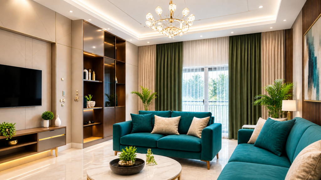 Modern Teal and Gold Living Room