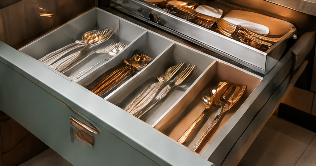 Organized Gold and Silver Cutlery Drawer
