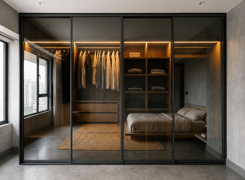 Warm Minimalist Glass Wardrobe Bedroom