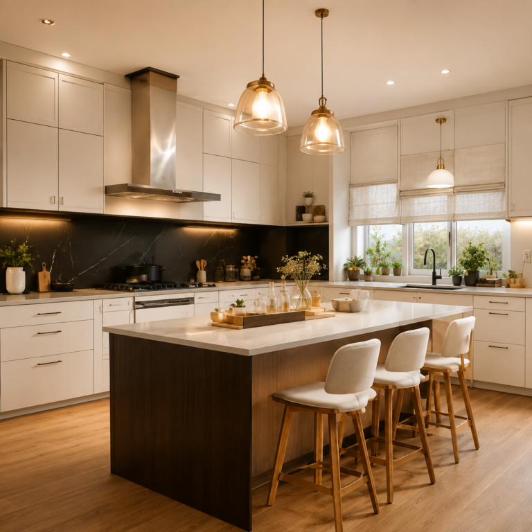 Warm Modern Kitchen with Island Glow