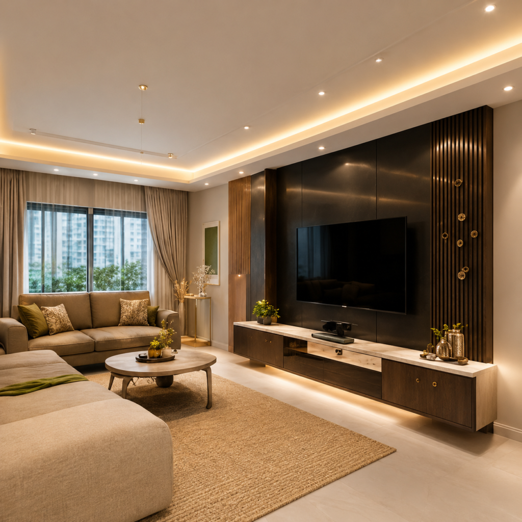 Warm Modern Living Room with Media Wall